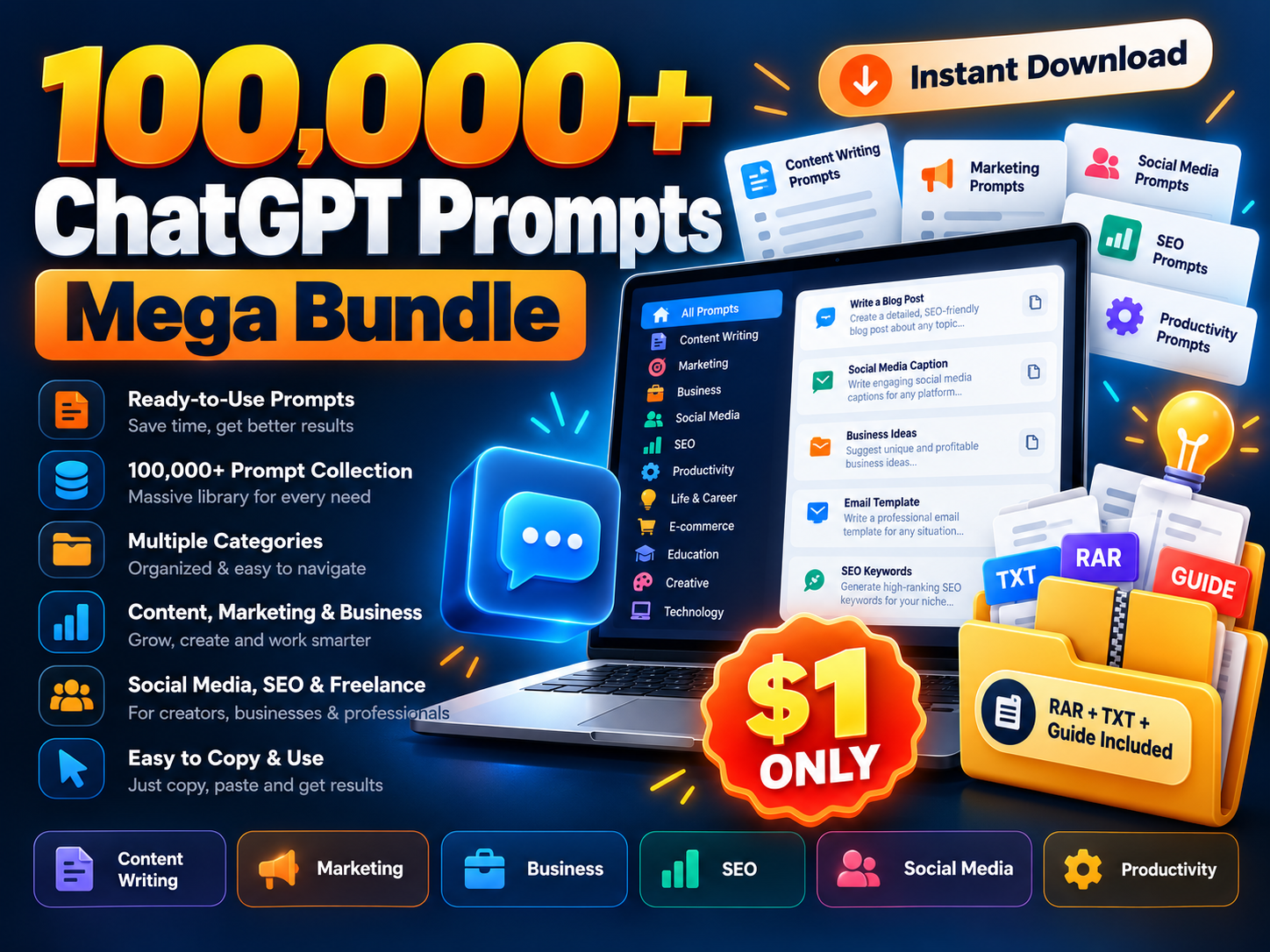 100,000+ ChatGPT Prompts Mega Bundle Ready to Use AI Prompts