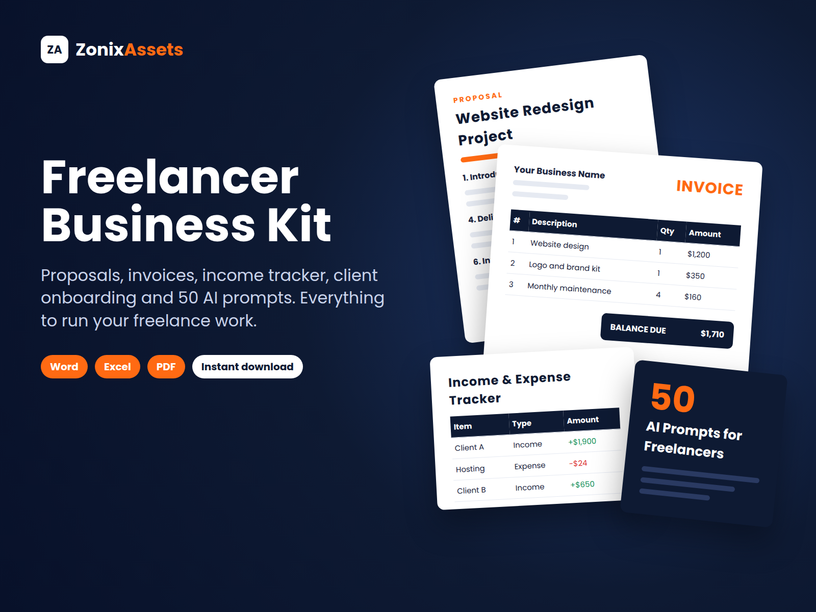 Freelancer Business Kit Invoice, Proposal, Tracker, AI Prompts & Onboarding Checklist
