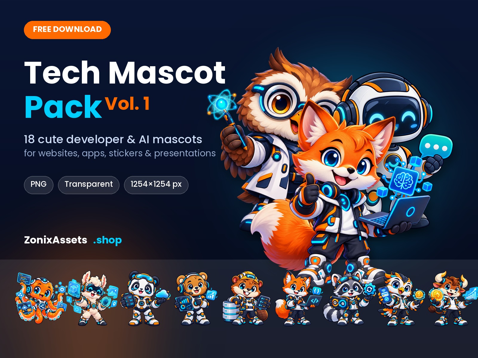 Tech Mascot Pack Vol. 1 – 18 Developer & AI Mascots (Transparent PNG)